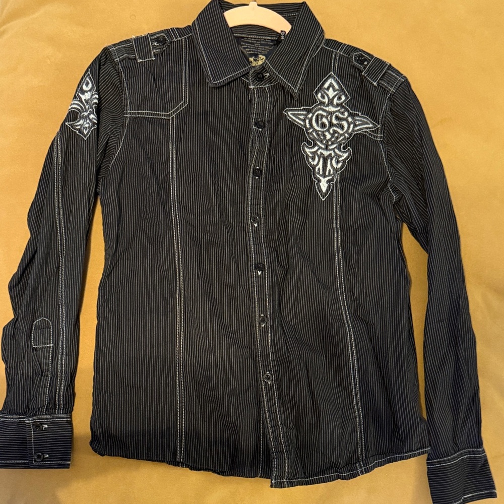 Y2K GS115 Boy’s Long Sleeve Shirt Black Pinstripe Embroidered Wings | Size 12-14